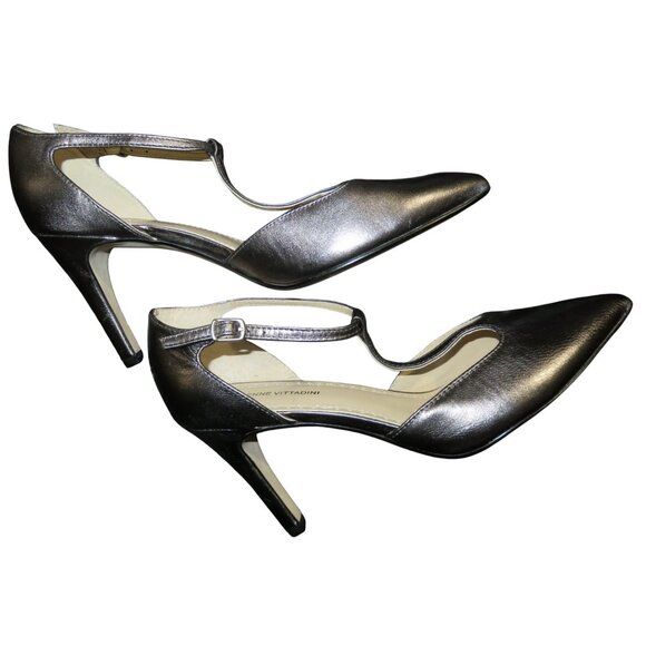 Adrienne Vittadini Ceclia Gunmetal Pewter Metallic Patent Leather T Strap Pumps - Picture 7 of 11